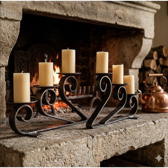 Vintage Other - Pair MCM Large Wrought Iron 3 Candle Holder 17" x 9" Heavy Bruitalist Style